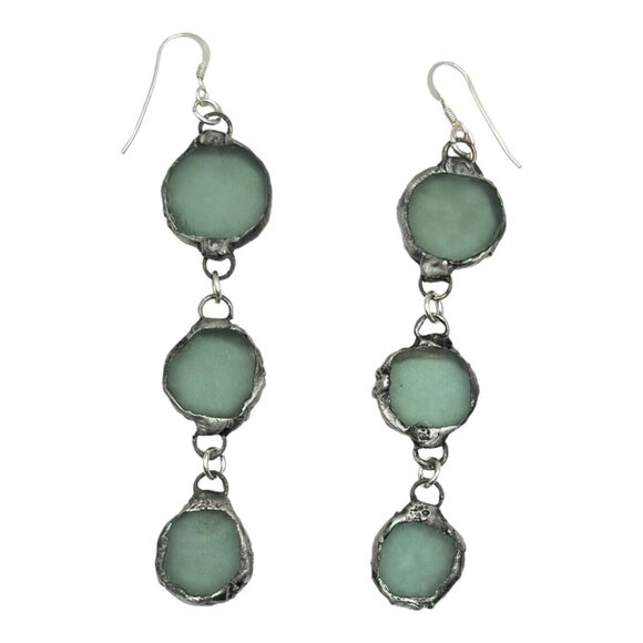 Handmade Jewelry - Triple Drop Sea Glass Artisan Earrings Caged in Silver- Blend Boho Metalwork